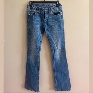 Miss Me girl blue bootcut jeans with rhinestones and rose stitching